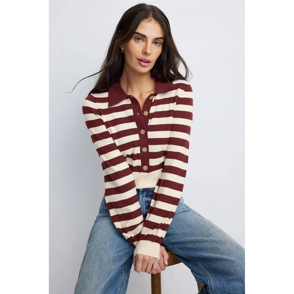 Favorite Daughter Belle Striped Sweater Top Burgundy Polo Collar Women Sz S
